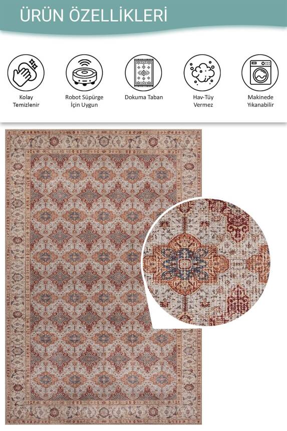 Folk Krem Vintage Etnik Madalyonlu Klasik Desenli Dokuma Tabanlı Şönil Halı AL 573 - 5