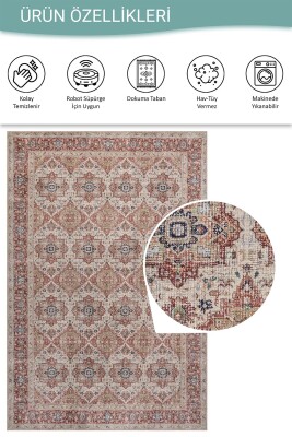 Folk Krem Vintage Etnik Madalyonlu Klasik Desenli Dokuma Tabanlı Şönil Halı AL 599 - 5