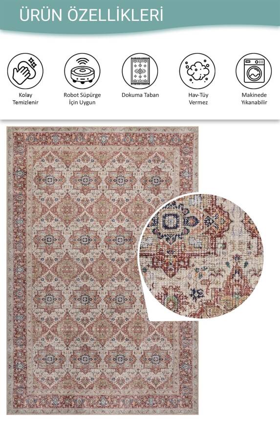 Folk Krem Vintage Etnik Madalyonlu Klasik Desenli Dokuma Tabanlı Şönil Halı AL 599 - 5