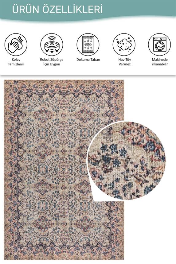 Folk Krem Vintage Klasik Desenli Dokuma Tabanlı Şönil Halı AL 608 - 5