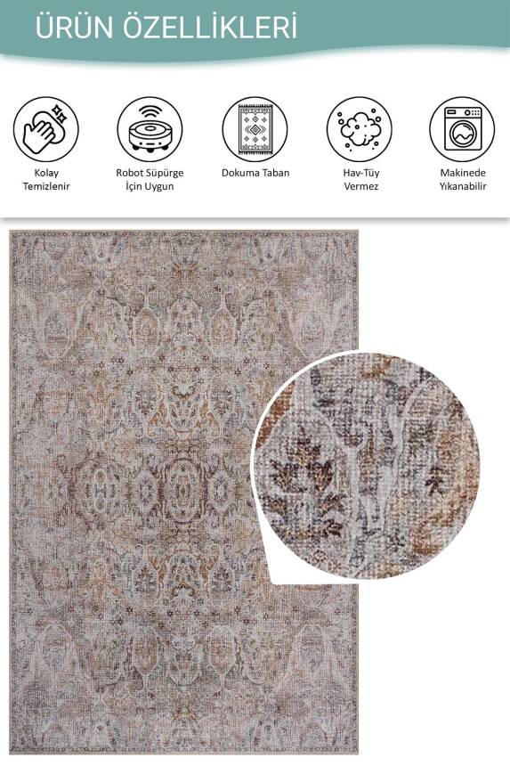 Folk Krem Vizon Vintage Klasik Desenli Dokuma Tabanlı Şönil Halı AL 609 - 5