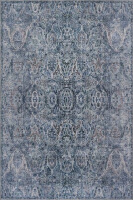 Folk Mavi Gri Vintage Klasik Madalyon Desenli Dokuma Tabanlı Şönil Halı AL 617 - Artloop - Mavi Halılar