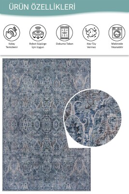 Folk Mavi Gri Vintage Klasik Madalyon Desenli Dokuma Tabanlı Şönil Halı AL 617 - 5