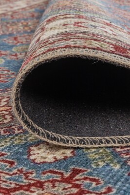 Folk Mavi Kiremit Vintage Etnik Geometrik Desenli Dokuma Tabanlı Şönil Halı AL 610 - 4