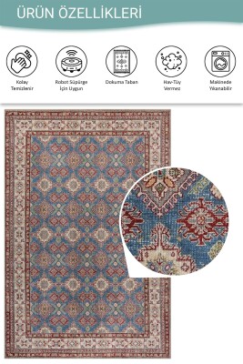 Folk Mavi Kiremit Vintage Etnik Geometrik Desenli Dokuma Tabanlı Şönil Halı AL 610 - 5