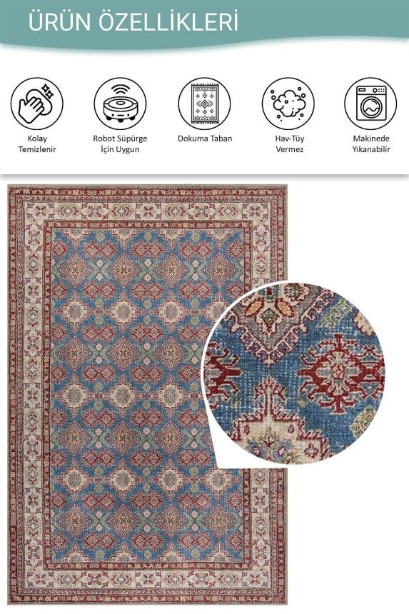 Folk Mavi Kiremit Vintage Etnik Geometrik Desenli Dokuma Tabanlı Şönil Halı AL 610 - 5