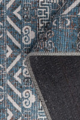 Folk Mavi Minimal Etnik Geometrik Desenli Dokuma Tabanlı Şönil Halı AL 585 - 3