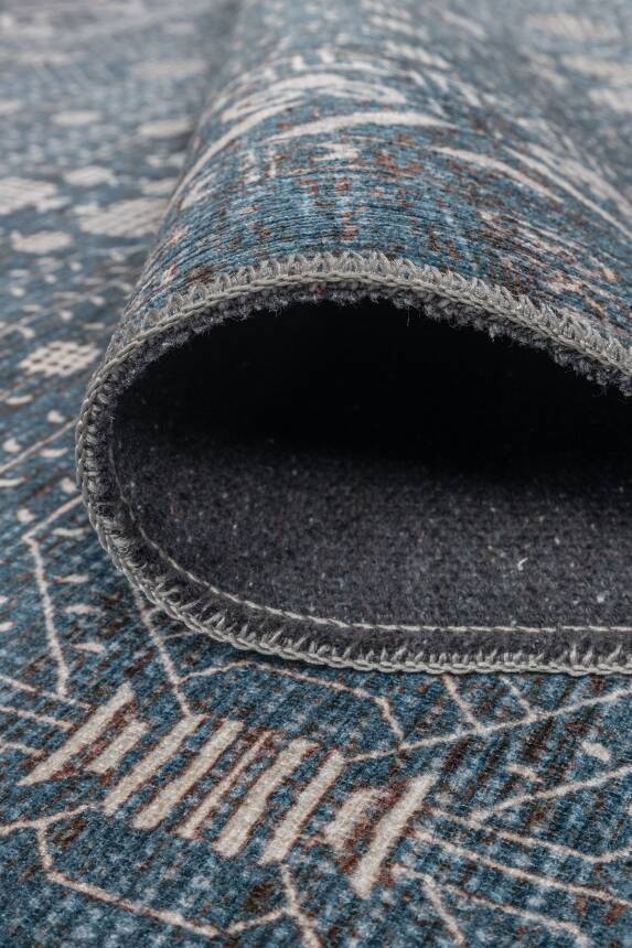 Folk Mavi Minimal Etnik Geometrik Desenli Dokuma Tabanlı Şönil Halı AL 585 - 4
