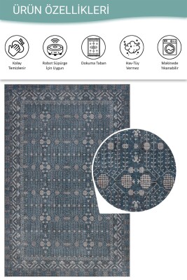 Folk Mavi Minimal Etnik Geometrik Desenli Dokuma Tabanlı Şönil Halı AL 585 - 5