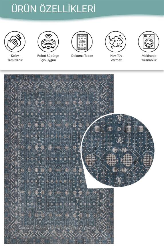 Folk Mavi Minimal Etnik Geometrik Desenli Dokuma Tabanlı Şönil Halı AL 585 - 5