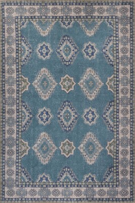 Folk Mavi Vintage Etnik Madalyonlu Klasik Desenli Dokuma Tabanlı Şönil Halı AL 615 - Artloop - Mavi Halılar