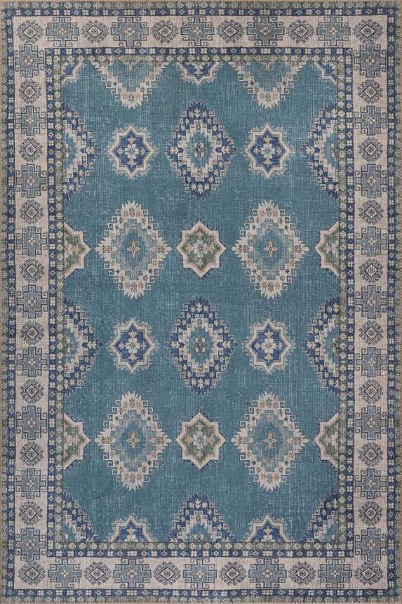 Folk Mavi Vintage Etnik Madalyonlu Klasik Desenli Dokuma Tabanlı Şönil Halı AL 615 - 1