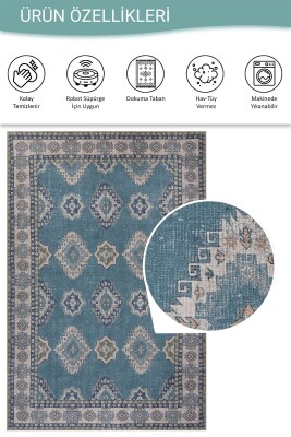 Folk Mavi Vintage Etnik Madalyonlu Klasik Desenli Dokuma Tabanlı Şönil Halı AL 615 - 5