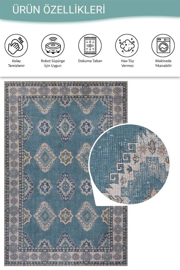 Folk Mavi Vintage Etnik Madalyonlu Klasik Desenli Dokuma Tabanlı Şönil Halı AL 615 - 5