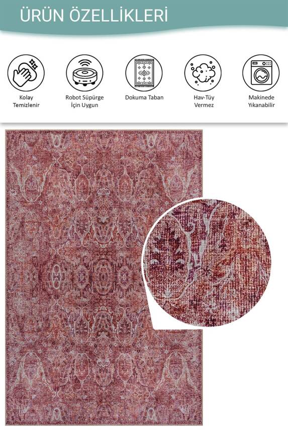 Folk Mürdüm Pembe Vintage Klasik Madalyon Desenli Dokuma Tabanlı Şönil Halı AL 586 - 5