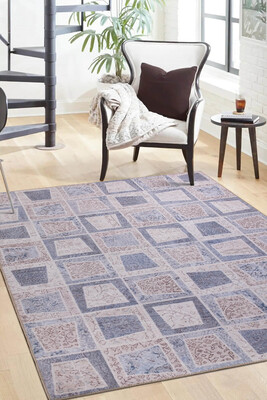 Folk Patchwork Desenli Dokuma Taban Dekoratif Gri Halı BA 32 - 1