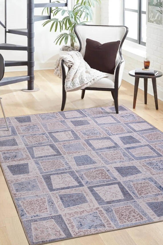 Folk Patchwork Desenli Dokuma Taban Dekoratif Gri Halı BA 32 - 1