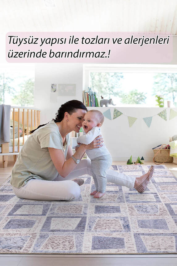 Folk Patchwork Desenli Dokuma Taban Dekoratif Gri Halı BA 32 - 8