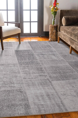 Folk Patchwork Desenli Dokuma Taban Dekoratif Gri Halı BA 36 - 1