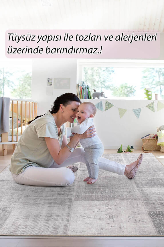 Folk Patchwork Desenli Dokuma Taban Dekoratif Gri Halı BA 36 - 8