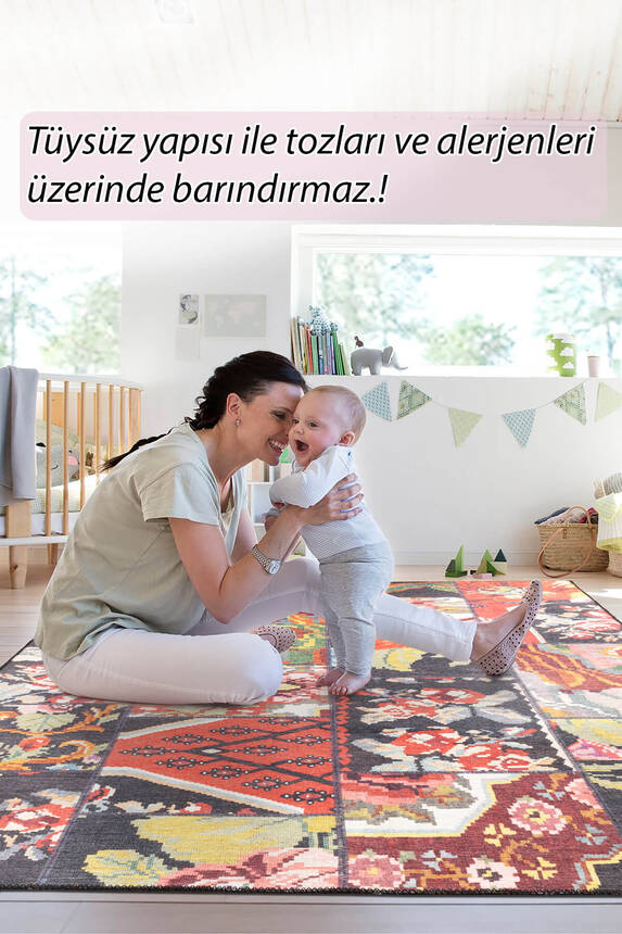 Folk Patchwork Karabağ Desenli Dokuma Taban Dekoratif Renkli Halı BA 10 - 8