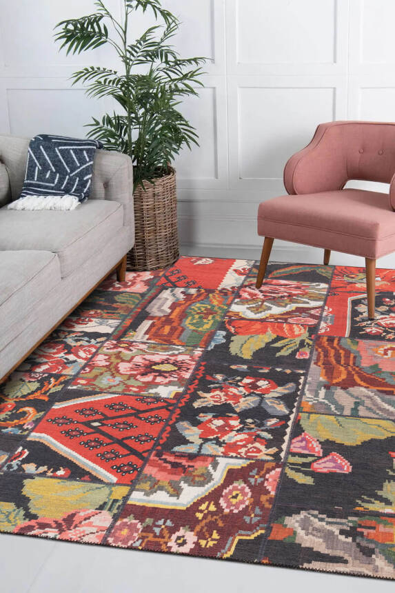 Folk Patchwork Karabağ Desenli Dokuma Taban Dekoratif Renkli Halı BA 10 - 1