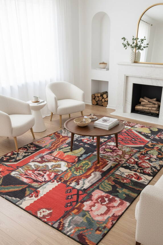 Folk Patchwork Karabağ Desenli Dokuma Taban Dekoratif Renkli Halı BA 10 - 1