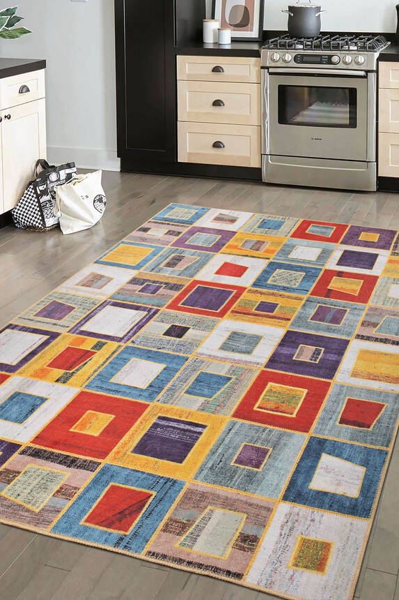 Folk Patchwork Desenli Dokuma Taban Dekoratif Renkli Halı BA 39 - 1