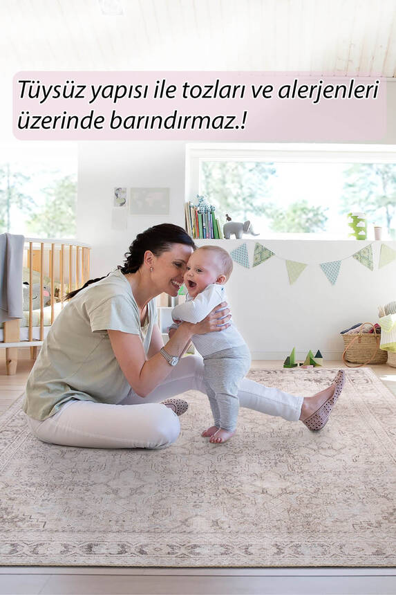 Folk Vintage Desenli Dokuma Taban Dekoratif Bej Halı BA 34 - 8