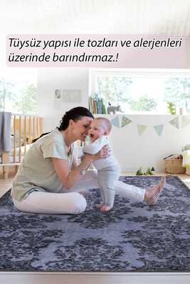 Folk Vintage Desenli Dokuma Taban Dekoratif Lacivert Halı BA 37 - 8