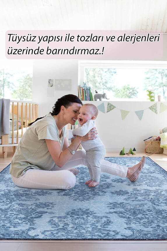 Folk Vintage Desenli Dokuma Taban Dekoratif Mavi Halı BA 04 - 8