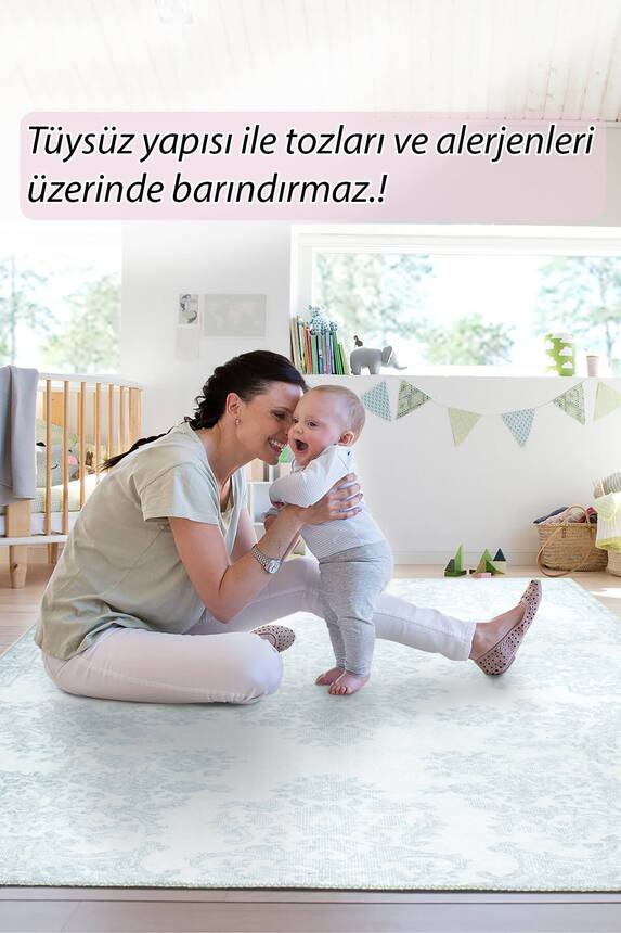 Folk Vintage Desenli Dokuma Taban Dekoratif Buz Mavisi Halı BA 21 - 8