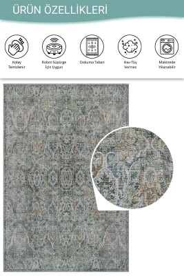 Folk Yeşil Vintage Klasik Madalyon Desenli Dokuma Tabanlı Şönil Halı AL 600 - 5