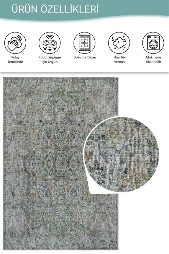 Folk Yeşil Vintage Klasik Madalyon Desenli Dokuma Tabanlı Şönil Halı AL 600 - 5
