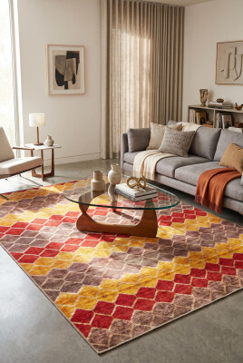 Funk Kırmızı Sarı Kahve Geometrik Modern Desenli Dokuma Tabanlı Şönil Halı AL 673 - Artloop - Funk Halı Koleksiyonu