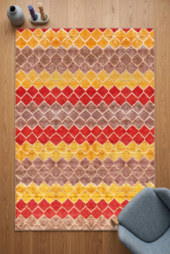 Funk Kırmızı Sarı Kahve Geometrik Modern Desenli Dokuma Tabanlı Şönil Halı AL 673 - 2