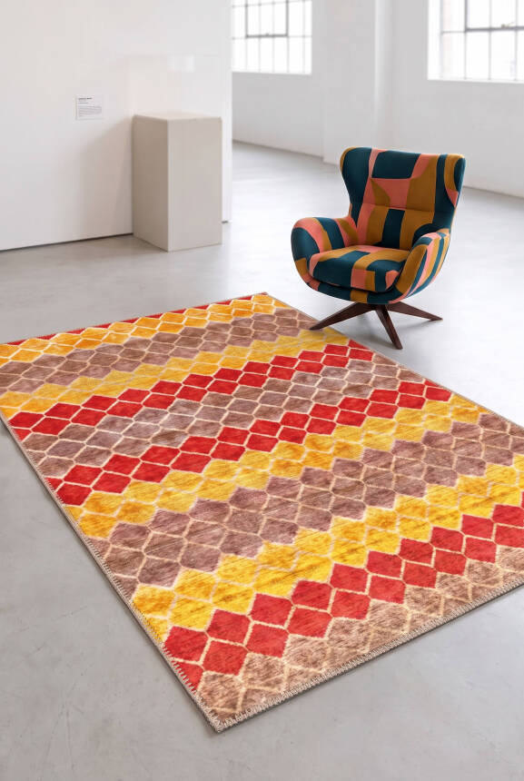 Funk Kırmızı Sarı Kahve Geometrik Modern Desenli Dokuma Tabanlı Şönil Halı AL 673 - 3