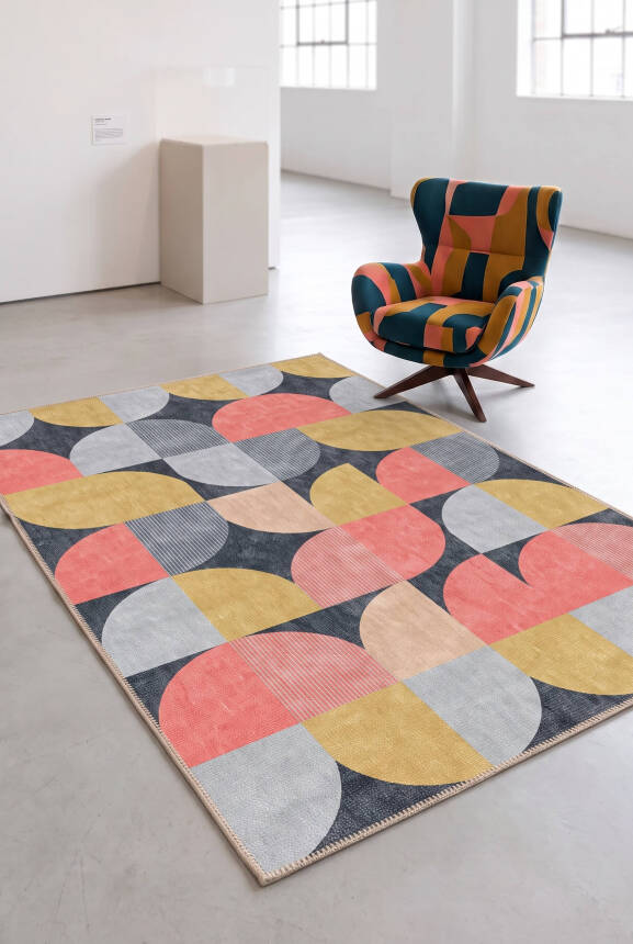 Funk Sarı Pembe Antrasit Modern Desenli Dokuma Tabanlı Şönil Halı AL 675 - 3