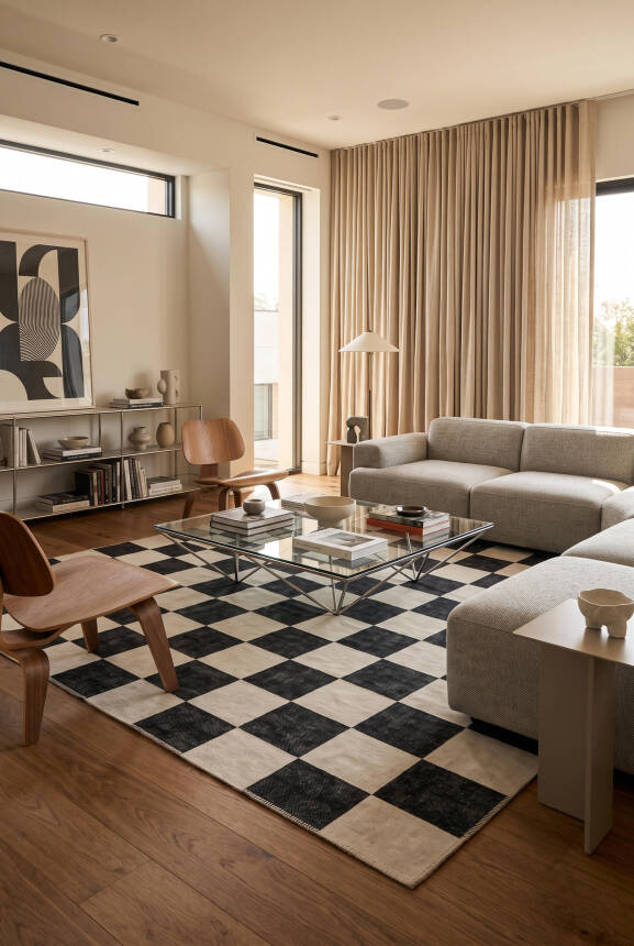Funk Siyah Beyaz Damalı Modern Desenli Dokuma Tabanlı Şönil Halı AL 684 - 1