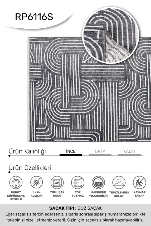 İmge Antrasit Beyaz Kaydırmaz Taban, Robot Süpürgeye Uyumlu Kolay Temizlenebilir Oturma Odası, Koridor Halısı RP 70 - 8