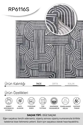 İmge Antrasit/Beyaz Kaydırmaz Taban, Robot Süpürgeye Uyumlu Kolay Temizlenebilir Oturma Odası, Koridor Halısı RP 70 - 8