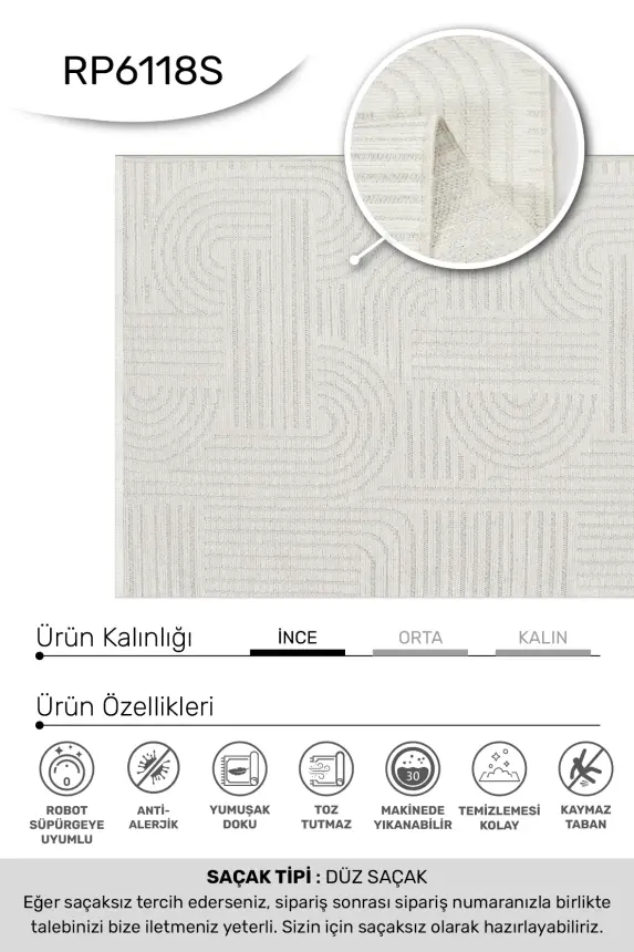 İmge Beyaz Kaydırmaz Taban, Robot Süpürgeye Uyumlu Kolay Temizlenebilir Oturma Odası, Koridor Halısı RP 71 - 1