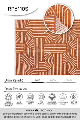 İmge Kiremit/Beyaz Kaydırmaz Taban, Robot Süpürgeye Uyumlu Kolay Temizlenebilir Oturma Odası, Koridor Halısı RP 66 - 5