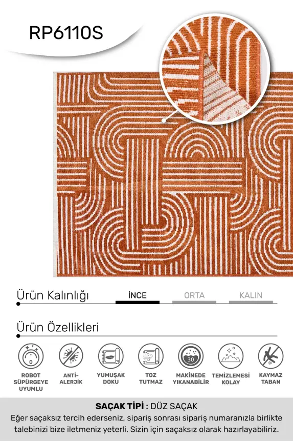 İmge Kiremit/Beyaz Kaydırmaz Taban, Robot Süpürgeye Uyumlu Kolay Temizlenebilir Oturma Odası, Koridor Halısı RP 66 - 5