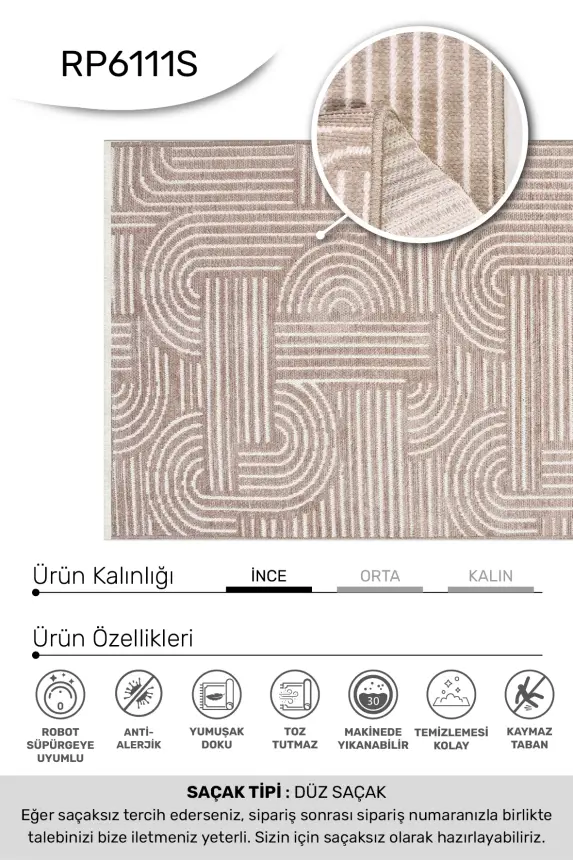 İmge Vizon Beyaz Kaydırmaz Taban, Robot Süpürgeye Uyumlu Kolay Temizlenebilir Oturma Odası, Koridor Halısı RP 67 - 8