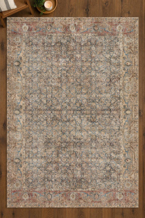 İstanbul Bej Mavi Vintage Dokuma Tabanlı Şönil Halı AL 657 - 2