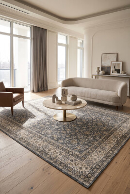 İstanbul Gri Krem Çiçek Desenli Vintage Dokuma Tabanlı Şönil Halı AL 663 - Artloop - İstanbul Halı Koleksiyonu
