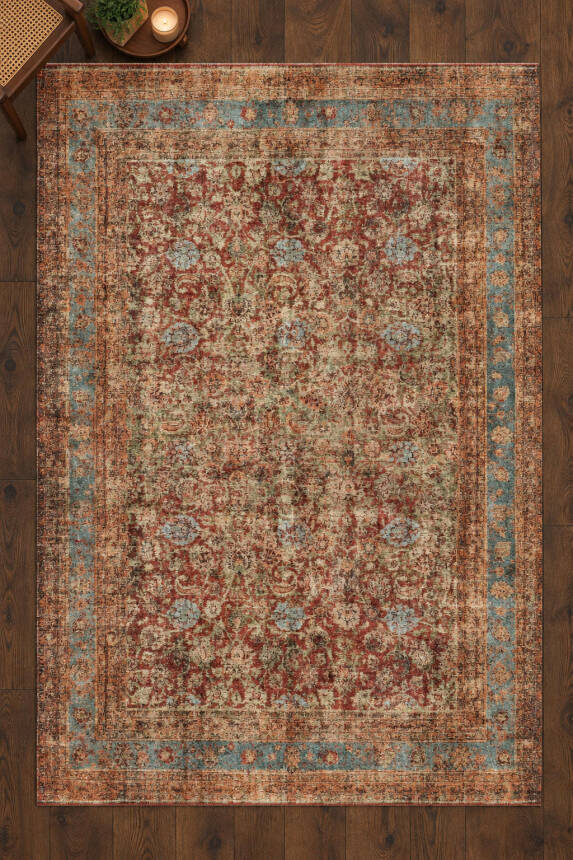 İstanbul Kahverengi Mavi Oryantal Vintage Desenli Dokuma Tabanlı Şönil Halı AL 635 - 2