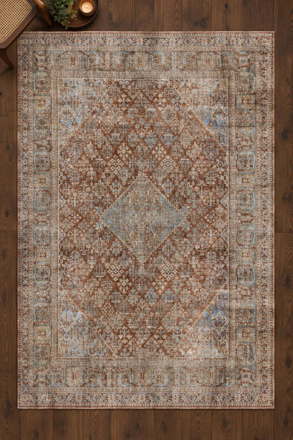 İstanbul Kahverengi Mavi Oryantal Vintage Desenli Dokuma Tabanlı Şönil Halı AL 637 - 2
