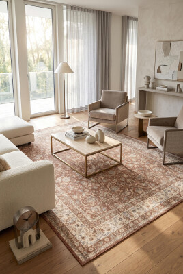 İstanbul Kiremit Bej Çiçek Desenli Vintage Dokuma Tabanlı Şönil Halı AL 664 - Artloop - İstanbul Halı Koleksiyonu